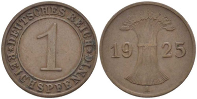 ГЕРМАНИЯ 1 РЕЙХСПФЕННИГ 1925 A KM 37, J. 313, Weege 2 бронза 211-115
