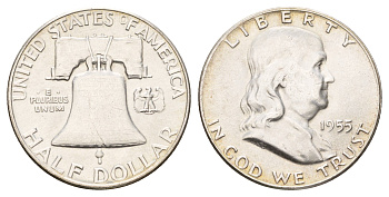 США 1/2 доллара (50 центов) 1955 Бенджамин Франклин, колокол KM 199 серебро aUNC 1530-511