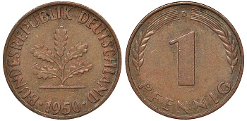 ФРГ 1 пфенниг 1950 D KM 105 сталь плакированная медью 4164-125