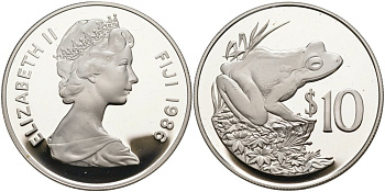 Фиджи 10 долларов 1986 серия 25 лет защиты окружающей среды, фиджийская земляная лягушка KM 55 серебро PROOF 00-00