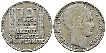 Франция 10 франков 1929 Пьер Тюрен KM 878, Le Franc 360.2 серебро 79-235