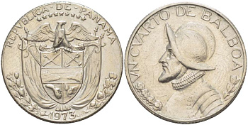 Панама 1/4 бальбоа 1973 Васко Нуньес де Бальбоа KM 11a медь плакированная медно-никелем 4519-621