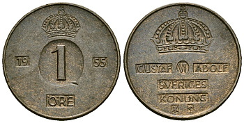 Швеция 1 эре 1955 Густав VI Адольф (1950-1973) KM 820 бронза 4173-1031
