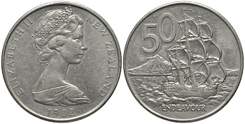 Новая Зеландия 50 центов 1982 Елизавета II (1952-2022), парусник Индевор KM 37 медно-никель 4578-114
