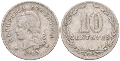 Аргентина 10 сентаво 1905 KM 35 медно-никель 4621-1047