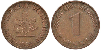 ФРГ 1 пфенниг 1950 D KM 105 сталь плакированная медью 4164-125