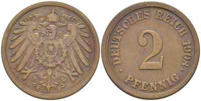 ГЕРМАНИЯ 2 ПФЕННИГА 1908 F KM 16, J. 11, Weege 4 медь 206-548