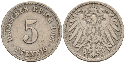 Германия 5 пфеннигов 1905 F KM 11, J. 12 медно-никель 4151-912