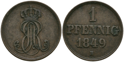Ганновер 1 пфенниг 1849 B, Эрнст Август (1837-1851) KM 201.1, AKS 129, J. 74 медь 4608-1027