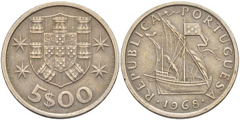 ПОРТУГАЛИЯ 5 ЭСКУДО 1968 ПАРУСНИК KM 591 медно-никель 4523-542