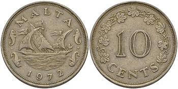 Мальта 10 центов 1972 баржа Великого магистра KM 11 медно-никель 82-445