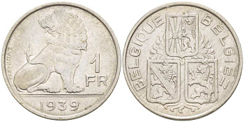 Бельгия 1 франк 1939 Леопольд III (1934-1950), Belgique-Belgie, лев KM 119 никель 210-1111