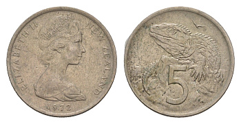 Новая Зеландия 5 центов 1972 Елизавета II (1952-2022), ящерица гаттерия KM 34.1 медно-никель 4655-1155