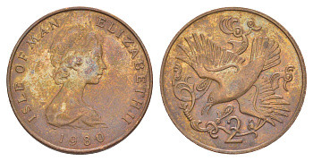 Остров Мэн 2 пенса 1980 Елизавета II (1952-2022) KM 60 бронза 4648-156