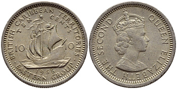 Британские Восточно-Карибские территории 10 центов 1956 Елизавета II (1952-2022), парусник KM 5 медно-никель 4387-336