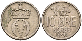 Норвегия 10 эре 1960 пчела, Улаф V (1958-1991) KM 411 медно-никель 4564-248