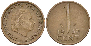НИДЕРЛАНДЫ 1 ЦЕНТ 1959 ЮЛИАНА KM 180 бронза 66-861