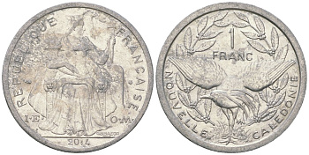 Французская Новая Каледония 1 франк 2014 птица кагу, (IEOM) KM 10, Schoen 10 алюминий 31-1155