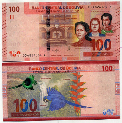 Боливия 100 боливиано 1986 (2018-2019) Хуана Асурдуй де Падилья, Алехо Калатаюд и Антонио Хосе Сукре Pick 251 (1) бумага UNC (пресс) 451-442-2
