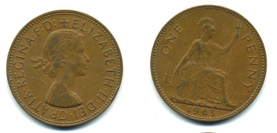 Великобритания 1 пенни 1963 Елизавета II (1952-2022) КМ 897, Spink 4157 бронза 4110-335
