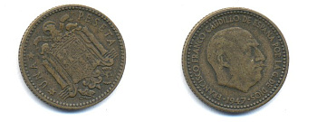 ИСПАНИЯ 1 ПЕСЕТА 1953 ФРАНСИСКО ФРАНКО ДИКТАТОР ИСПАНИИ (1939-1975) KM 775 алюминиевая бронза 54-216