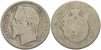 ФРАНЦИЯ 1 ФРАНК 1866 К, НАПОЛЕОН III KM 806.3, LE FRANC 215.3 серебро 4448-311