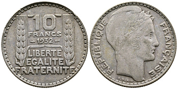 Франция 10 франков 1932 Пьер Тюрен KM 878, Le Franc 360.5 серебро 79-1546