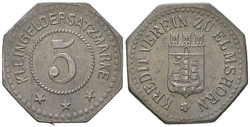 Эльмсхорн (Пруссия, Шлезвиг-Гольштейн) 5 пфеннингов 1917 Funck 115.4A, Men22.2 8121.4 железо 4169-1066
