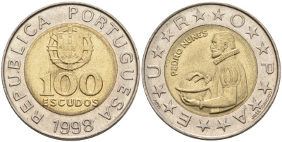 Португалия 100 эскудо 1998 Педру Нуниш (1502-1578), математик KM 645.1 биметалл 261-713