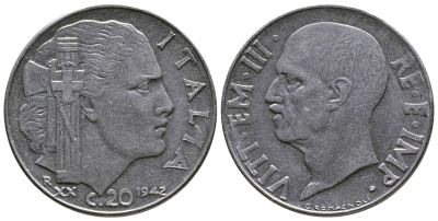 Италия 20 чентезимо 1942 R, Виктор Эммануил III (1900-1946), XXI год KM 75b, VEM3. 1029 нержавеющая сталь 4622-353