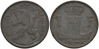Бельгия 1 франк 1941 Belgique - Belgie, Леопольд III (1934-1947), германская оккупация, Вторая мировая война KM 127 цинк 4161-357