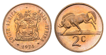 ЮАР 2 цента 1974 герб, антилопа гну KM 83 бронза PROOF 4622-734