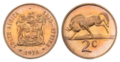 ЮАР 2 цента 1974 герб, антилопа гну KM 83 бронза PROOF 4622-734