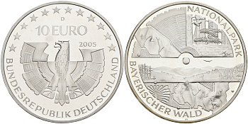ФРГ 10 евро 2005 D, национальный парк, баварский лес KM 241, DE.S. 10.19 серебро PROOF 1076-3-45