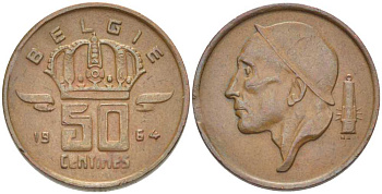БЕЛЬГИЯ 50 САНТИМОВ 1964 BELGIE, БОДУЭН I (1951-1993) KM 149.1 бронза 206-144