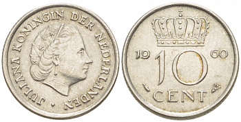 Нидерланды 10 центов 1960 Юлиана (1949-1980) KM 182 никель 4547-832