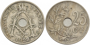БЕЛЬГИЯ 25 САНТИМОВ 1928 BELGIE KM 69 медно-никель 4529-1126