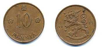 Финляндия 10 пенни 1937 KM 24 медь 51-5632