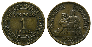 ФРАНЦИЯ 1 ФРАНК 1923 CHAMBRES DE COMMERCE KM 876, LE FRANC 218.5 алюминиевая бронза 261-924