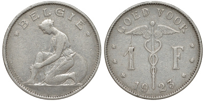 Бельгия 1 франк 1923 Belgie, Альберт I (1909-1934) KM 90 никель 51-431