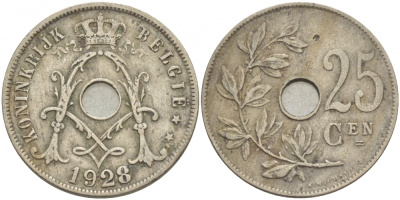 БЕЛЬГИЯ 25 САНТИМОВ 1928 BELGIE KM 69 медно-никель 4529-1126