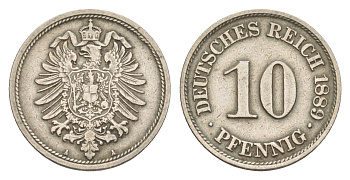 Германия 10 пфеннигов 1889 A, Вильгельм II (1888-1918) KM 4, J. 4 медно-никель 4164-428