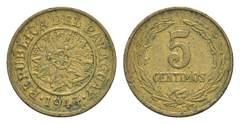 Парагвай 5 сентимо 1947 KM 21 алюминиевая бронза 4643-361
