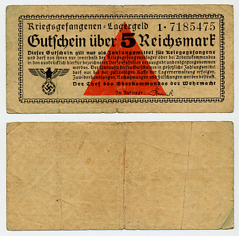 ГЕРМАНИЯ 5 РЕЙХСМАРОК 1939-1945 ЛАГЕРНЫЕ ДЕНЬГИ, ЛАГЕРЯ ДЛЯ ВОЕННОПЛЕННЫХ (LAGERGELD), ВТОРАЯ МИРОВАЯ ВОЙНА бумага UNC (ПРЕСС) 6289-38-3-1
