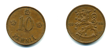 Финляндия 10 пенни 1924 республика (1918-1962) KM 24 медь 46-1127