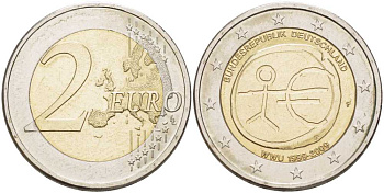 ФРГ 2 евро 2009 F, 10 лет монетарной политики ЕС (EMU) и введения евро KM 277 биметалл 210-552