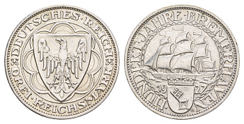 Германия 3 рейхсмарки 1927 100 лет Бремерхафену KM 50 серебро 00-902-03