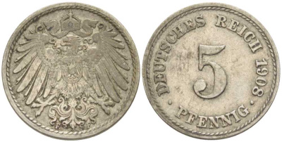 Германия 5 пфеннигов 1908 F KM 11, Jager 12, Weege 6 медно-никель 206-1225