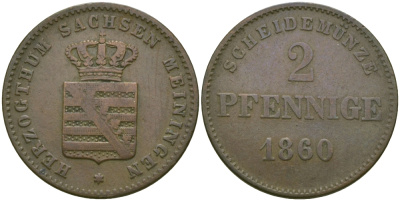 Саксен-Мейнинген 2 пфеннига 1860 Бернгард II (1803-1866) KM 171 медь 99-634