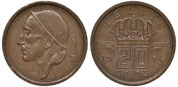 Бельгия 20 сантимов 1954 Belgie KM 147.1 бронза 4164-164